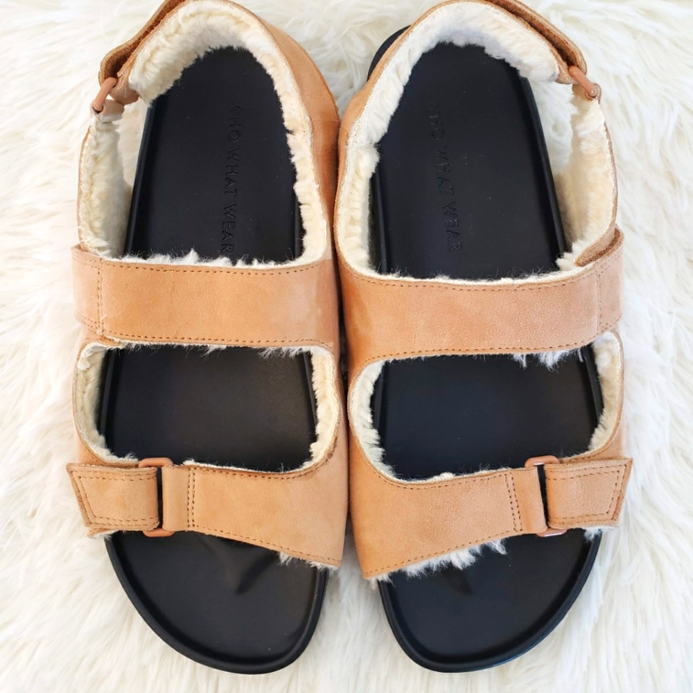 WHO WHAT WEAR Ally Suede Sherpa Lined Tan Strappy Sandals--NEW--7.5 - Picture 2 of 10